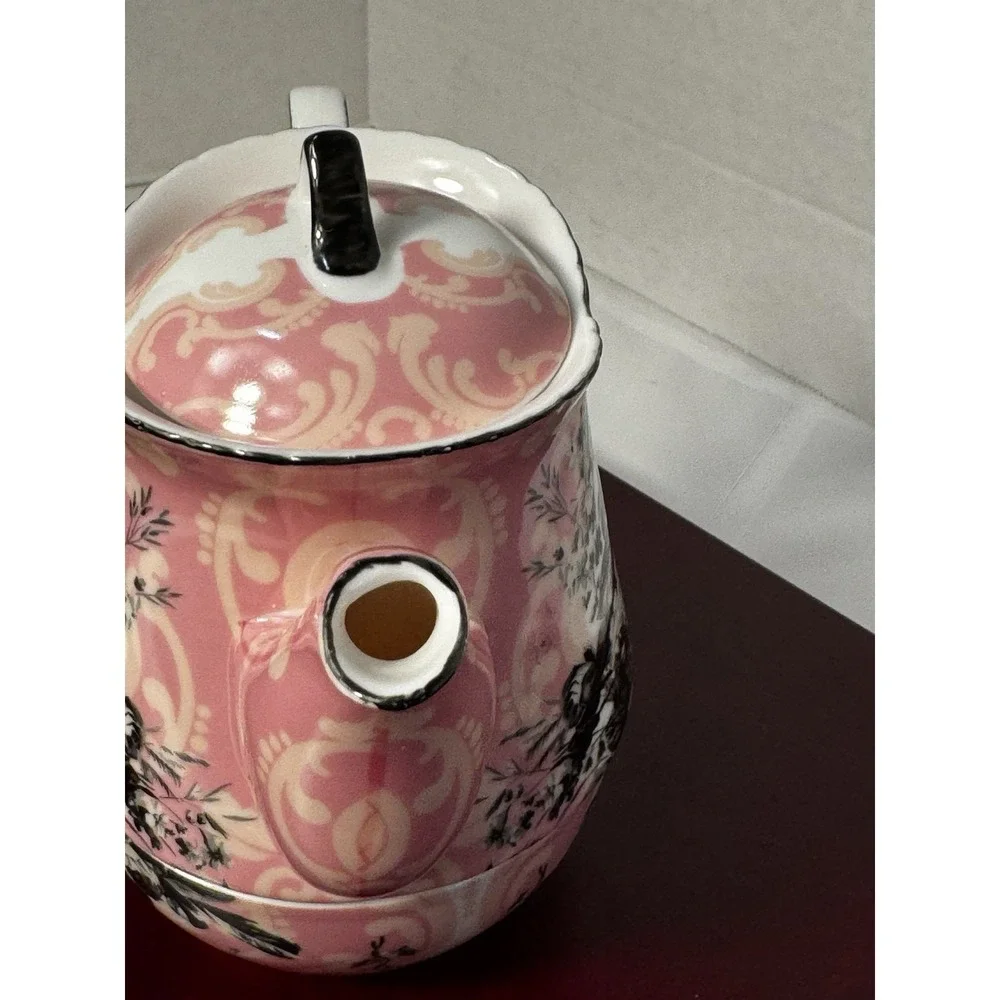 3 Piece Tea Pot With Cup pink Black and white Tea pot with lid In Excellent Cond